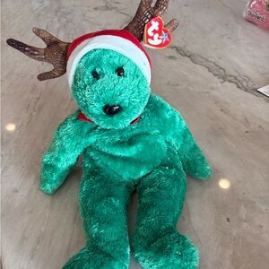 Ty Beanie Baby Festive Green Reindeer Plush with Antlers
